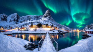 Aurora Over a Snowy Nordic Village
